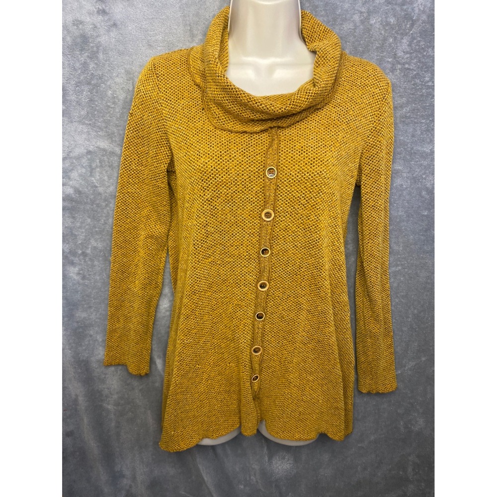Pure Essence Mustard‎ Yellow Cowl Neck Button Front Knit Tunic Sweater M M